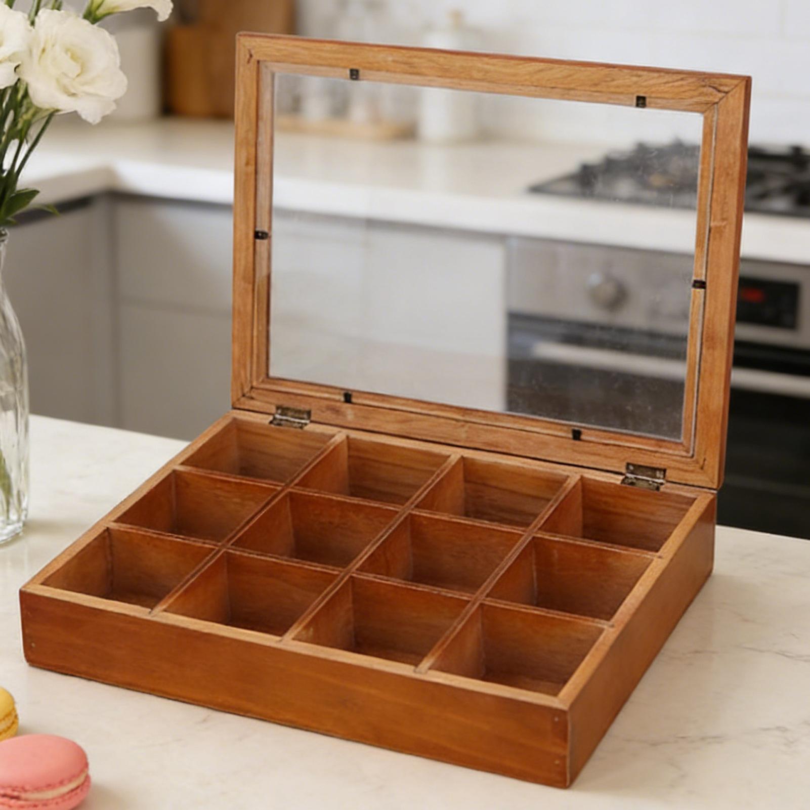 Coffee Tea Drawer Organizer - Tea Bag Storage 12-Compartments Wooden Box