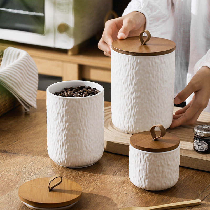 Coffee Tea Sugar Container Set - Rock Patterned Ceramic Storage Jar for